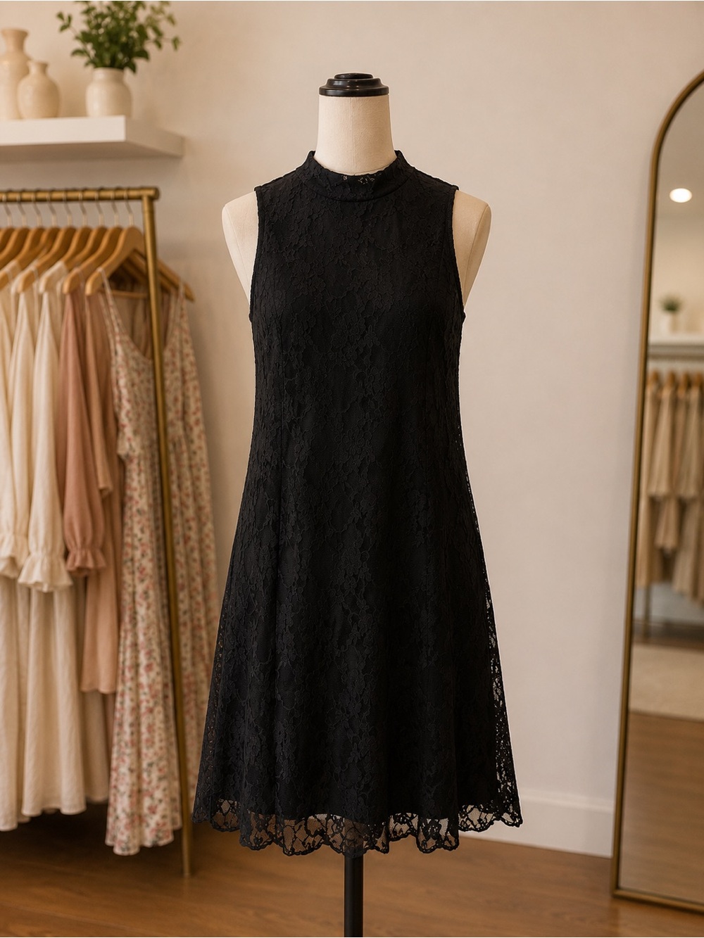 Sleeveless Black Lace Mini Dress with High Neck